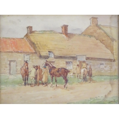 185 - Manner of Sir Alfred James Munnings (1878-1959), Watercolour, Horses and figures on a village road w... 