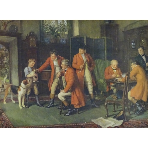 189 - Two hunting prints, One before the hunt with gentlemen in hunting pinks smoking pipes etc. and a boy... 