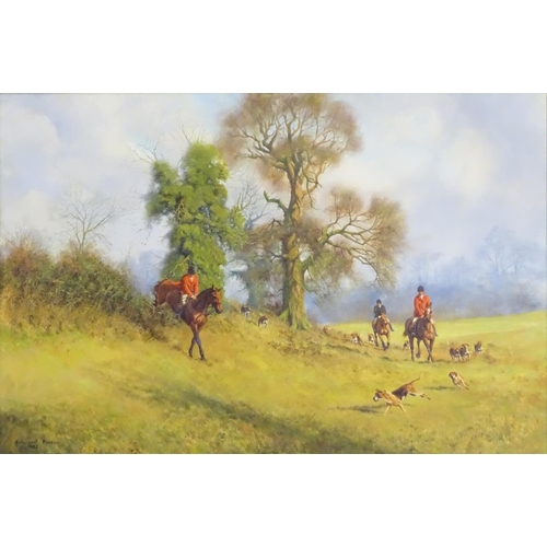 196 - Edward Foster, XX, Oil on canvas, Bicester Hunt with Whaddon Chase, depicting huntsman crossing a he... 