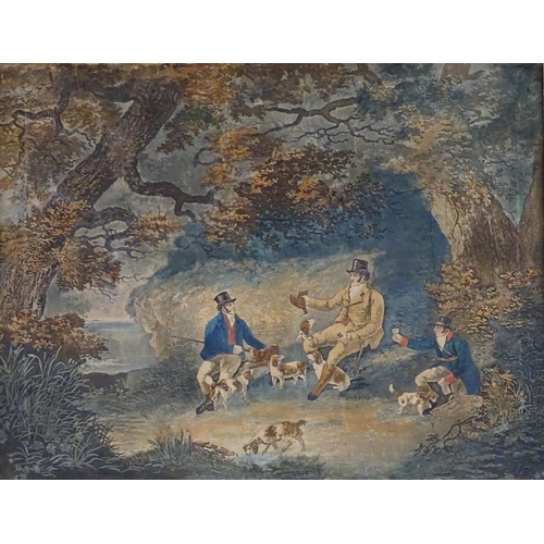 211 - XIX, Hand coloured shooting aquatints, A shooting scene in a woodland with dogs and a man pointing h... 
