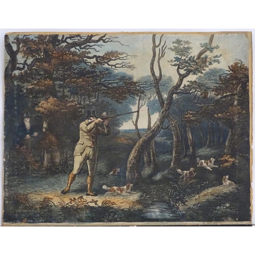 211 - XIX, Hand coloured shooting aquatints, A shooting scene in a woodland with dogs and a man pointing h... 