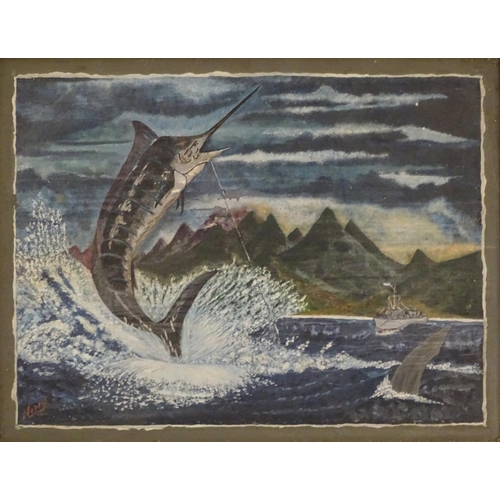 216 - Nino, XX, Mixed media on board, A naive folk art depiction of a swordfish jumping out of the water, ... 
