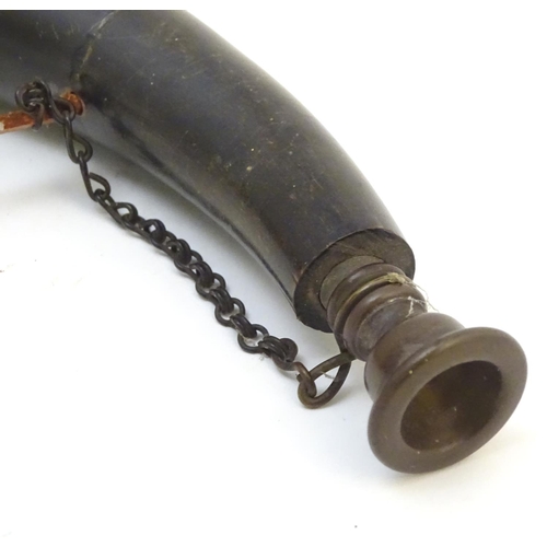 233 - A Continental hunting horn, bovine with brass mouthpiece and leather landyard, 13