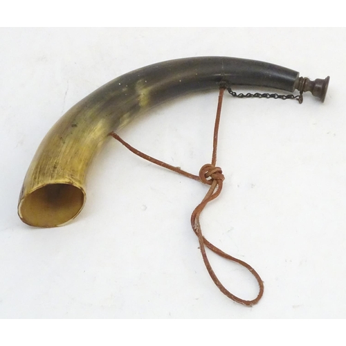 233 - A Continental hunting horn, bovine with brass mouthpiece and leather landyard, 13