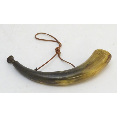 233 - A Continental hunting horn, bovine with brass mouthpiece and leather landyard, 13
