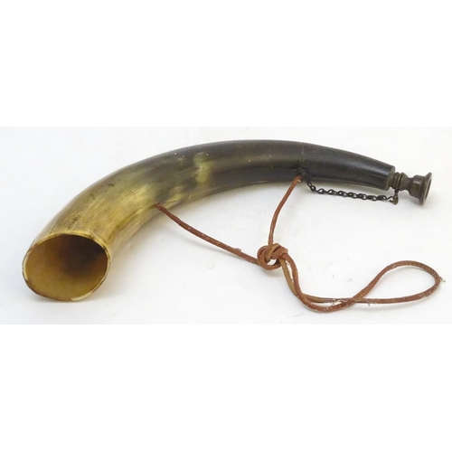 233 - A Continental hunting horn, bovine with brass mouthpiece and leather landyard, 13
