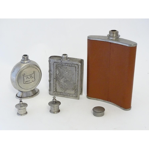 282 - 3 assorted hip flask including one of book form. The tallest approx 5 3/4