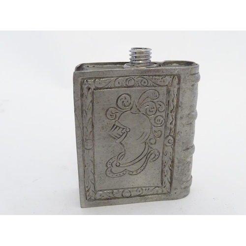 282 - 3 assorted hip flask including one of book form. The tallest approx 5 3/4