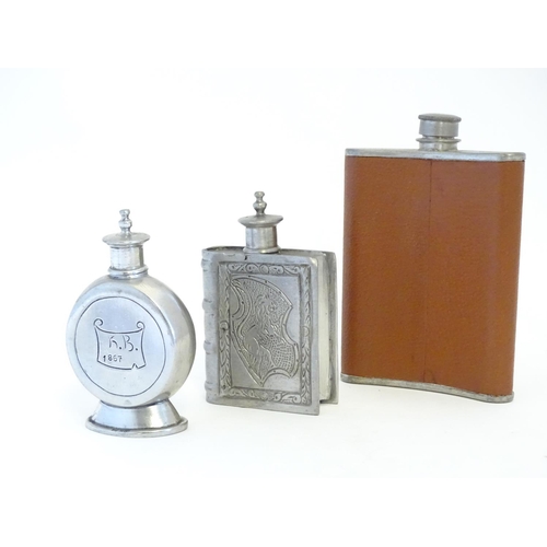 282 - 3 assorted hip flask including one of book form. The tallest approx 5 3/4