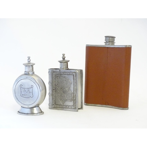 282 - 3 assorted hip flask including one of book form. The tallest approx 5 3/4
