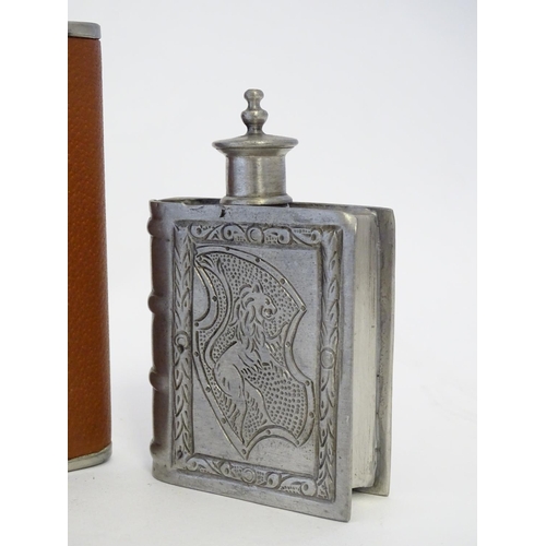 282 - 3 assorted hip flask including one of book form. The tallest approx 5 3/4