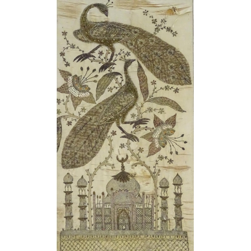 1022 - An embroidered silk panel depicting the Hindu temple, the Taj Mahal, and two large quilted peacocks ... 