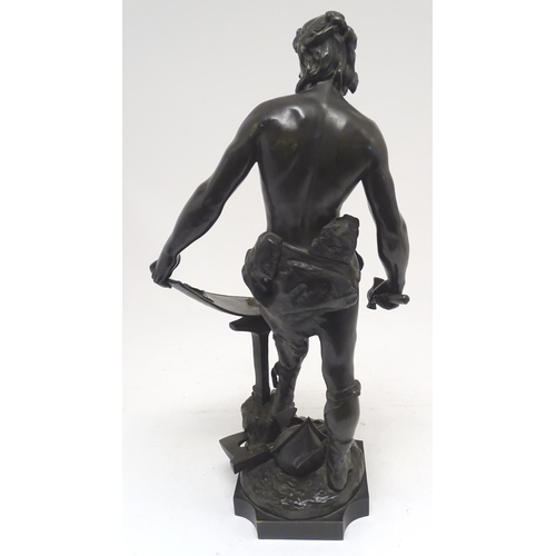 1041 - A French 19thC bronze figure of a blacksmith forging a shield, signed A. Masjouille. Plaque to base ... 