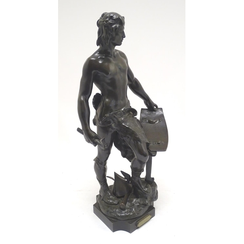 1041 - A French 19thC bronze figure of a blacksmith forging a shield, signed A. Masjouille. Plaque to base ... 