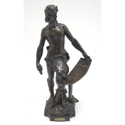 1041 - A French 19thC bronze figure of a blacksmith forging a shield, signed A. Masjouille. Plaque to base ... 