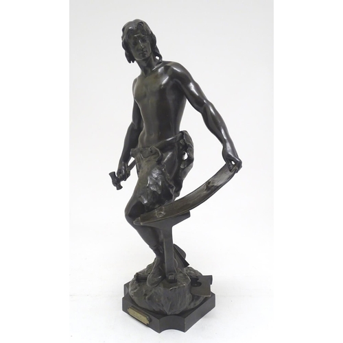 1041 - A French 19thC bronze figure of a blacksmith forging a shield, signed A. Masjouille. Plaque to base ... 