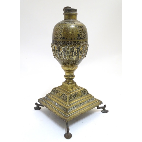 1037 - A brass Eastern hookah pipe base, with incised decoration, 15