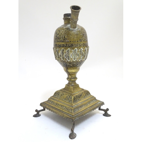 1037 - A brass Eastern hookah pipe base, with incised decoration, 15