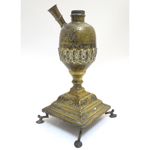 1037 - A brass Eastern hookah pipe base, with incised decoration, 15