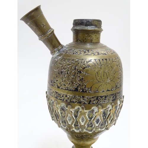 1037 - A brass Eastern hookah pipe base, with incised decoration, 15