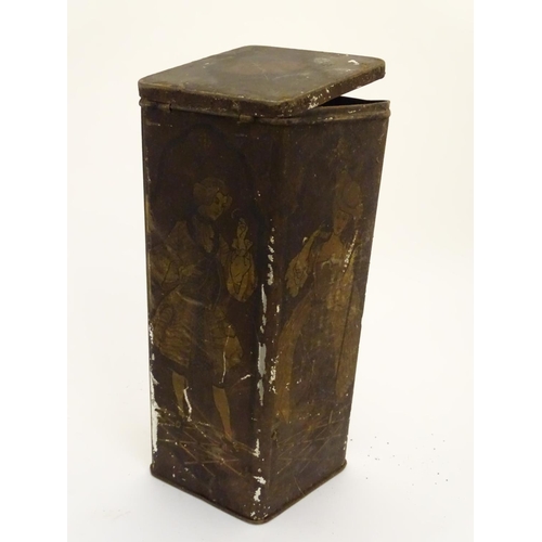 197 - Old Chocolate/advertising tins: Four various tins to include two tall boxes decorated with figures, ... 