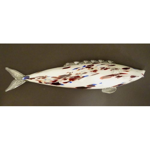 192 - A Murano glass model of a fish, decorated in white with red and blue flecks. 18 1/4