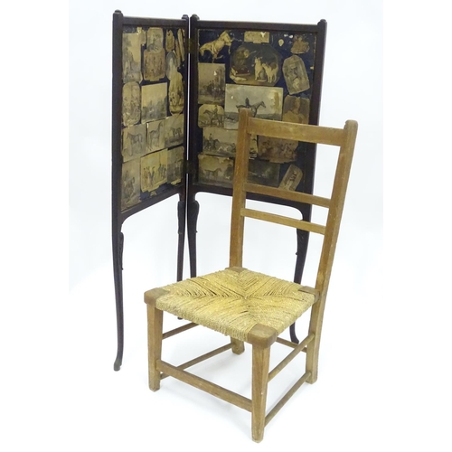 204 - A Victorian fire screen with decoupage horse / equestrian decoration, together with a low chair. The... 