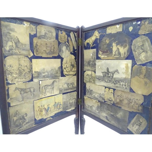 204 - A Victorian fire screen with decoupage horse / equestrian decoration, together with a low chair. The... 