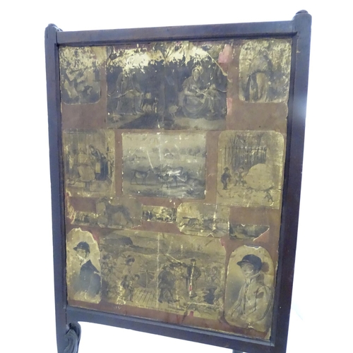 204 - A Victorian fire screen with decoupage horse / equestrian decoration, together with a low chair. The... 