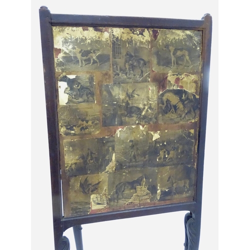 204 - A Victorian fire screen with decoupage horse / equestrian decoration, together with a low chair. The... 