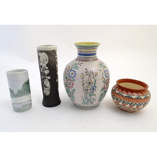 141 - Four assorted vases, comprising A New Mexico Navajo studio pottery squat vase with incised banded de... 