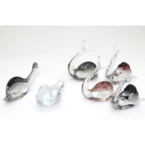 156 - A quantity of art glass animal ornaments, comprising four snails, a fish and a bird (5 bearing Muran... 