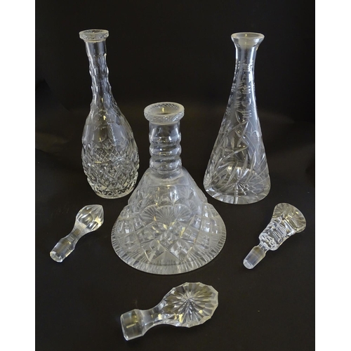 173 - Three 20thC cut glass decanters, to include a Royal Brierley crystal ship's decanter with crosshatch... 