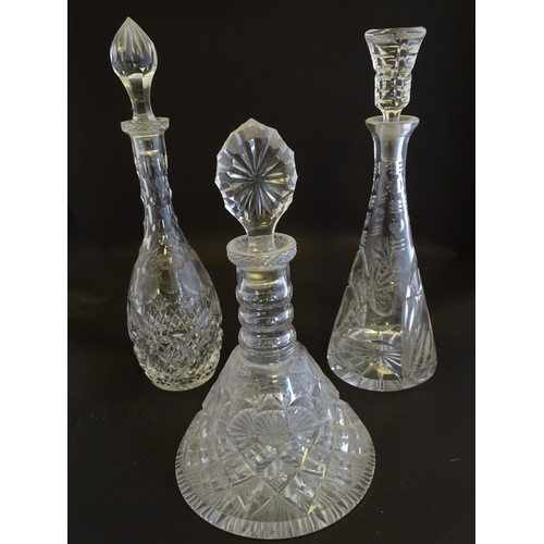 173 - Three 20thC cut glass decanters, to include a Royal Brierley crystal ship's decanter with crosshatch... 