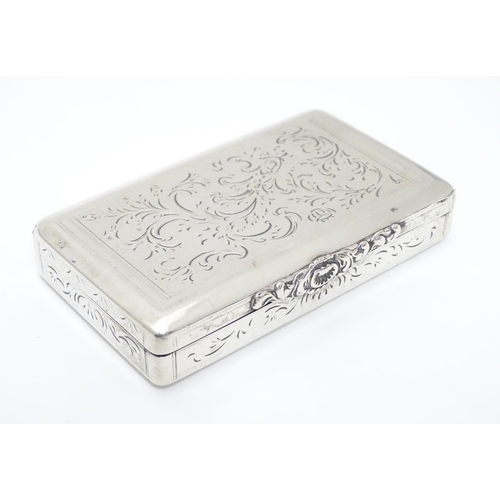 195 - A Continental silver snuff box with engraved decoration and glided interior marked with Austrian / H... 