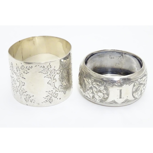 289 - Two silver napkin rings with engraved decoration. Hallmarked Birmingham 1906 maker William M Hayes a... 