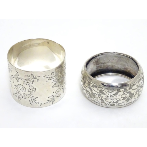 289 - Two silver napkin rings with engraved decoration. Hallmarked Birmingham 1906 maker William M Hayes a... 