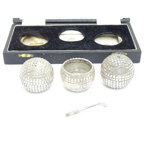 301 - A novelty 3 piece silver plat cruet set comprising salt, pepper and mustard pots formed as gold ball... 