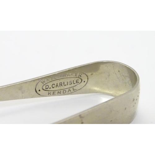 331 - Silver plate sugar tongs bearing retailers stamp ' Watchmaker D. Carlisle, Kendal. Approx 4 1/4