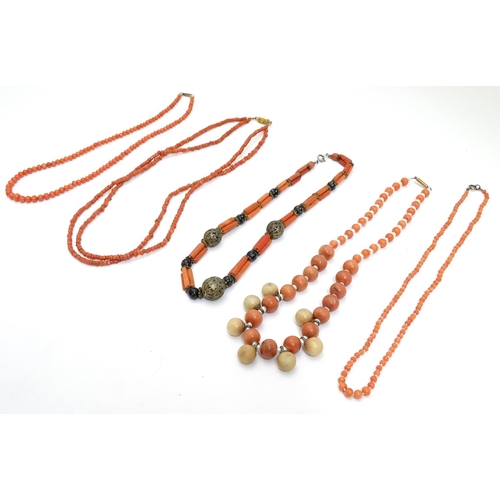 485 - Five assorted coral bead necklaces