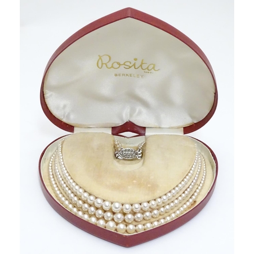 542 - Vintage faux pearl three strand necklace by Rosita. Approx 15