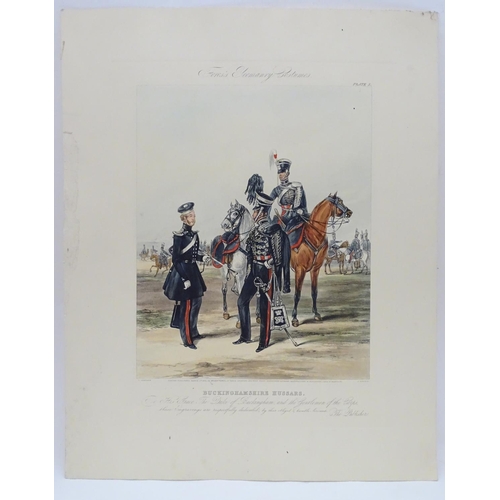 590 - Militaria : 'Fores's Yeomanry Costumes, Plate 1.' A 20thC polychrome print depicting Officers of the... 