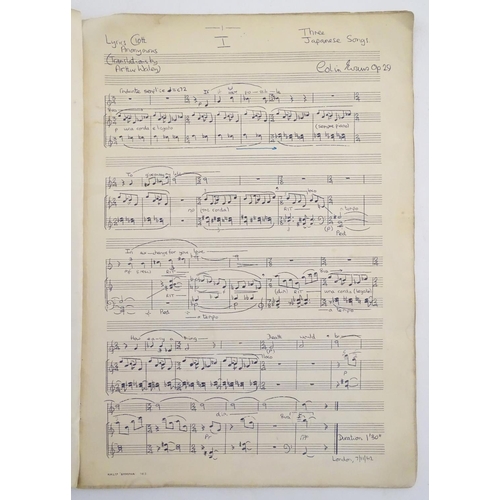 653 - A mid 20thC music score, Three Japanese Songs, (Mezzo-Soprano & Pianoforte) by Colin Evans, signed a... 