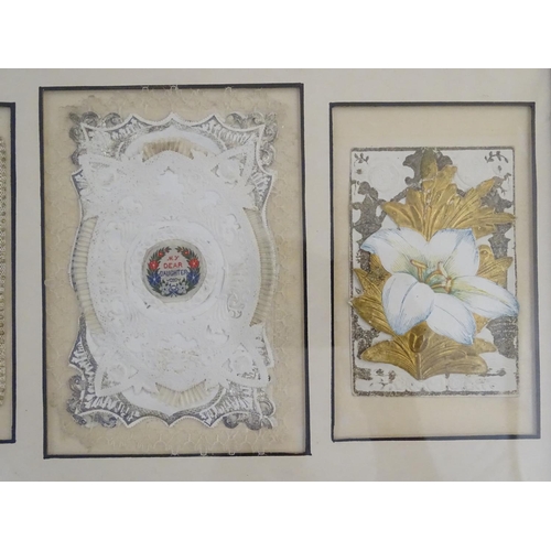 659 - Six Victorian birthday cards, inset within two frames, both inscribed under 'Birthday Cards circa 18... 