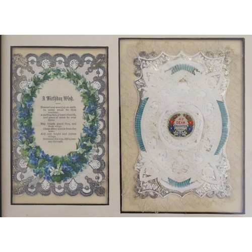 659 - Six Victorian birthday cards, inset within two frames, both inscribed under 'Birthday Cards circa 18... 