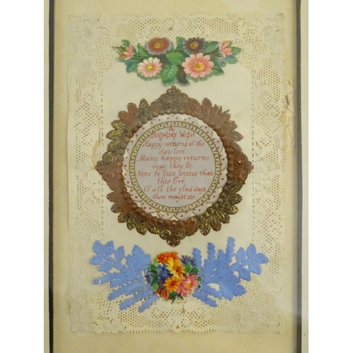 659 - Six Victorian birthday cards, inset within two frames, both inscribed under 'Birthday Cards circa 18... 