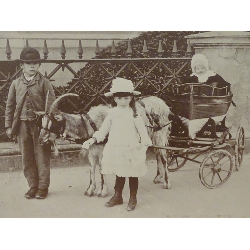 667 - A Victorian monochrome photograph, depicting two children leading a goat pulling a small proportion ... 