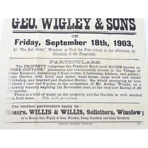 677 - Buckinghamshire local interest : an Edwardian auction poster, ' Great Horwood, a freehold house know... 