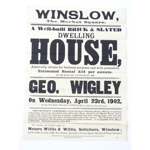 678 - Buckinghamshire local interest : an Edwardian auction poster, ' Winslow, The Market Square...dwellin... 