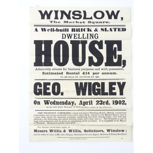 678 - Buckinghamshire local interest : an Edwardian auction poster, ' Winslow, The Market Square...dwellin... 